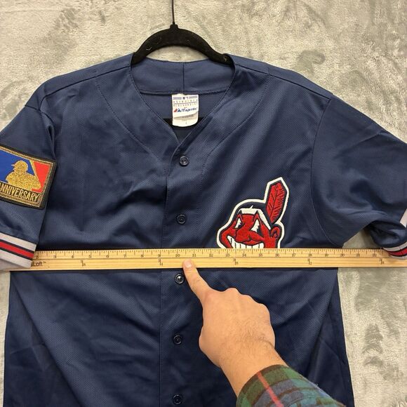 Vintage Majestic Cleveland Indians Jersey Mens L Blue Chief Wahoo Stitched Logo - Picture 7 of 9